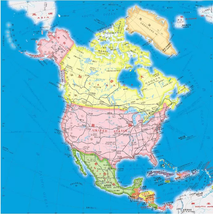 地理图片 世界地图全图 > 北美洲地图,北美洲地图中文版,英文版,地形
