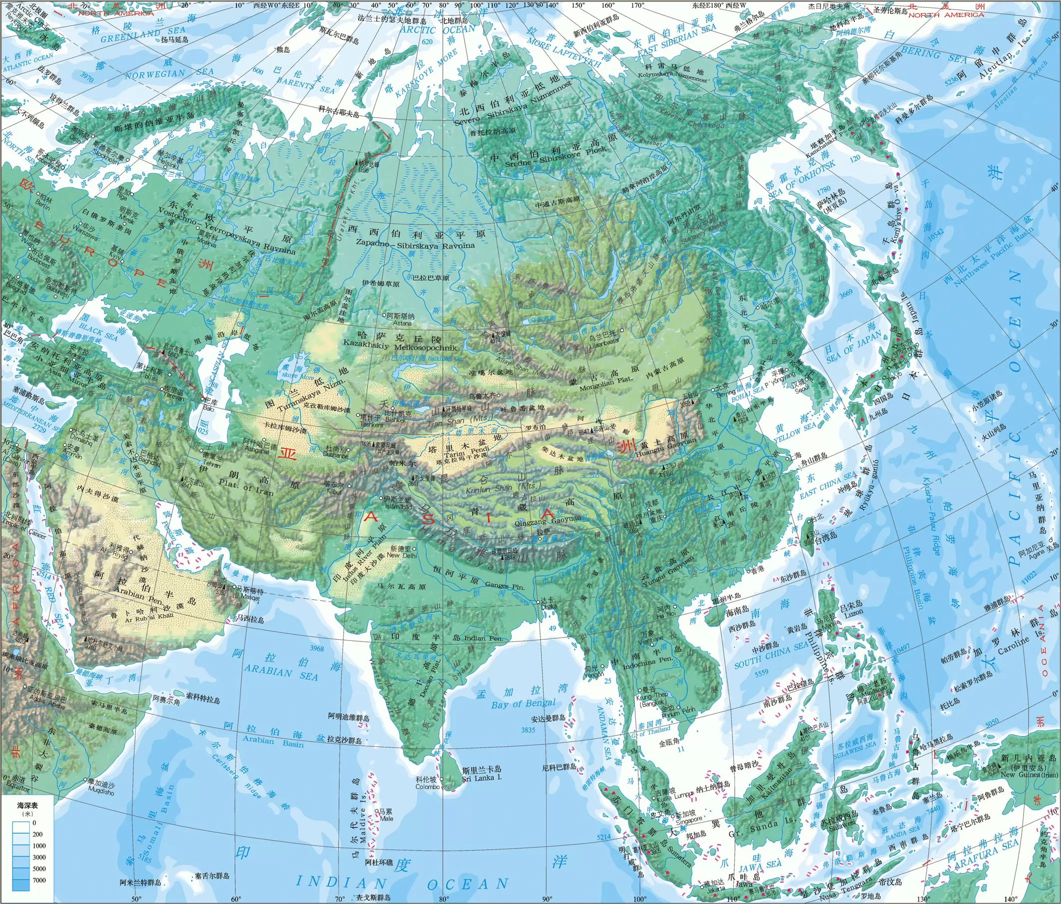 亚洲地形图,亚洲地形图全图 世界地图全图 地理教师网