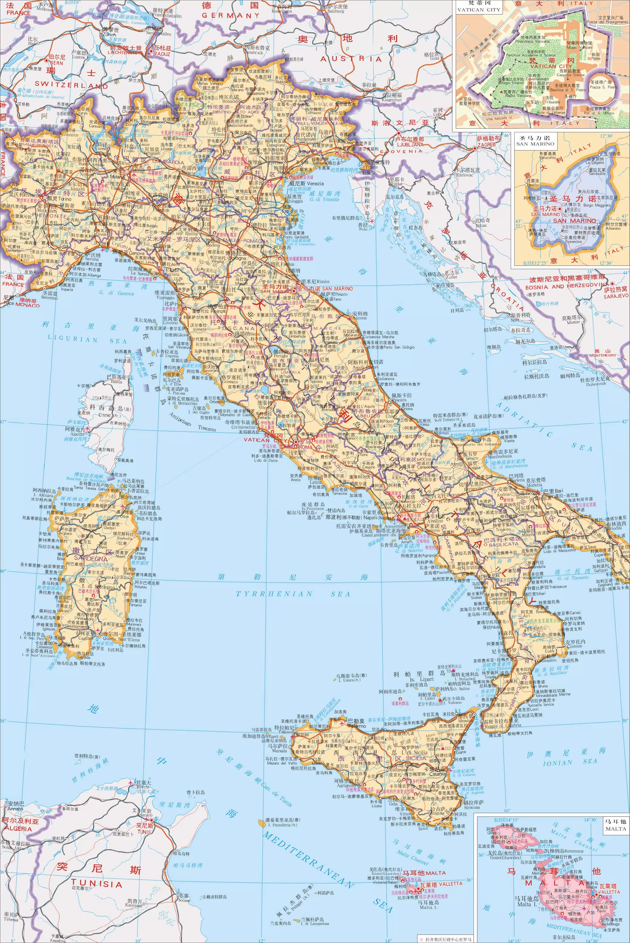 意大利地图中英文对照版全图