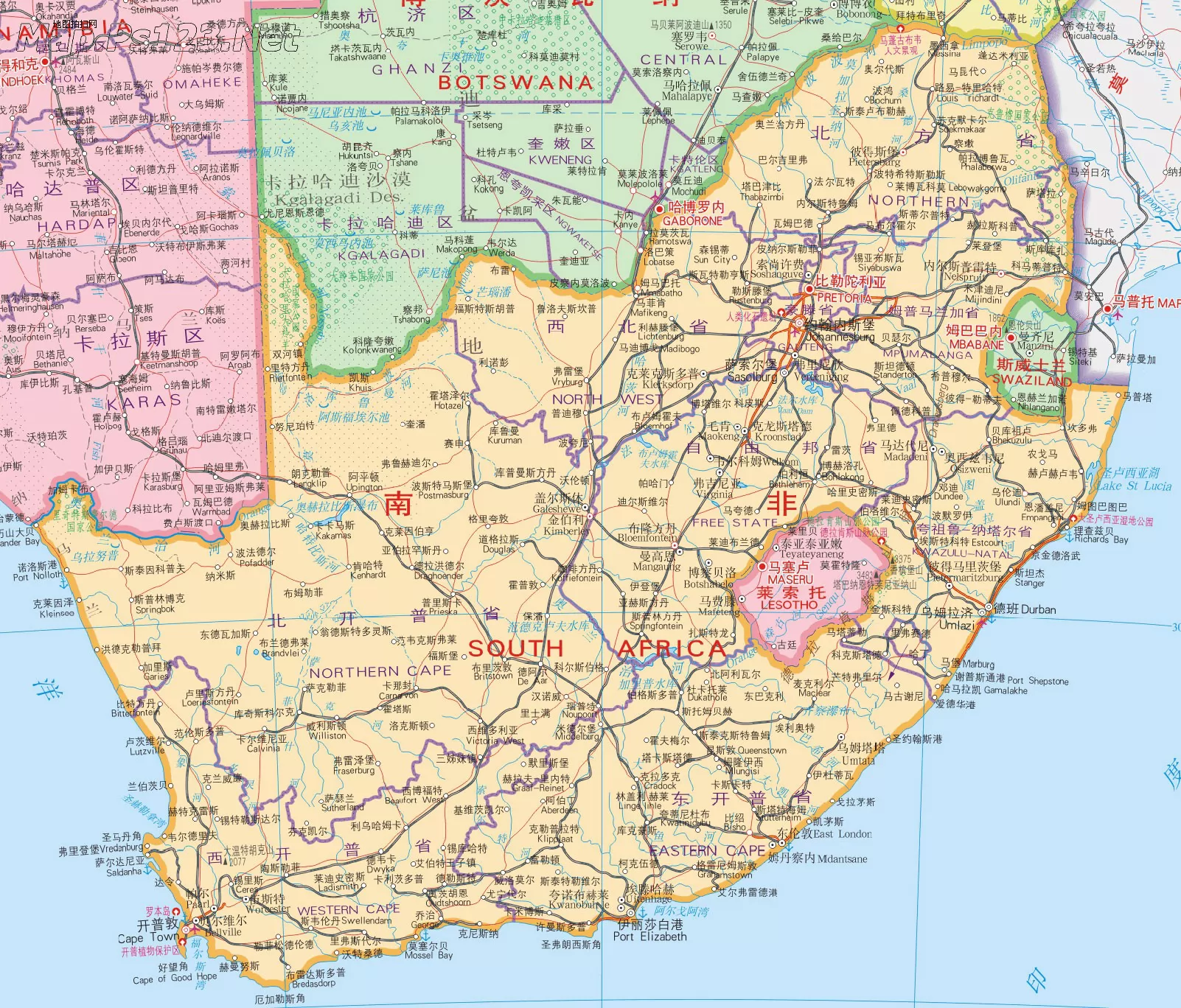 南非地图中英文对照版全图