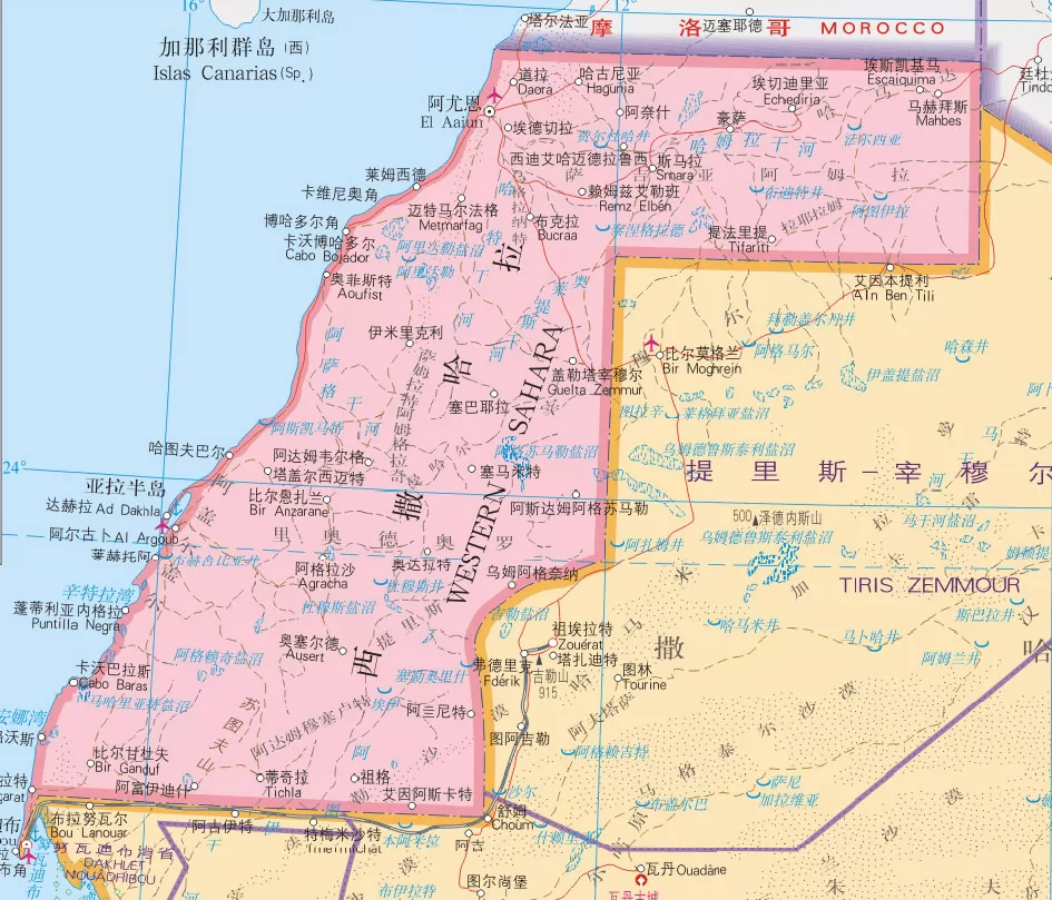 西撒哈拉地图中英文对照版全图 - 中英世界地图
