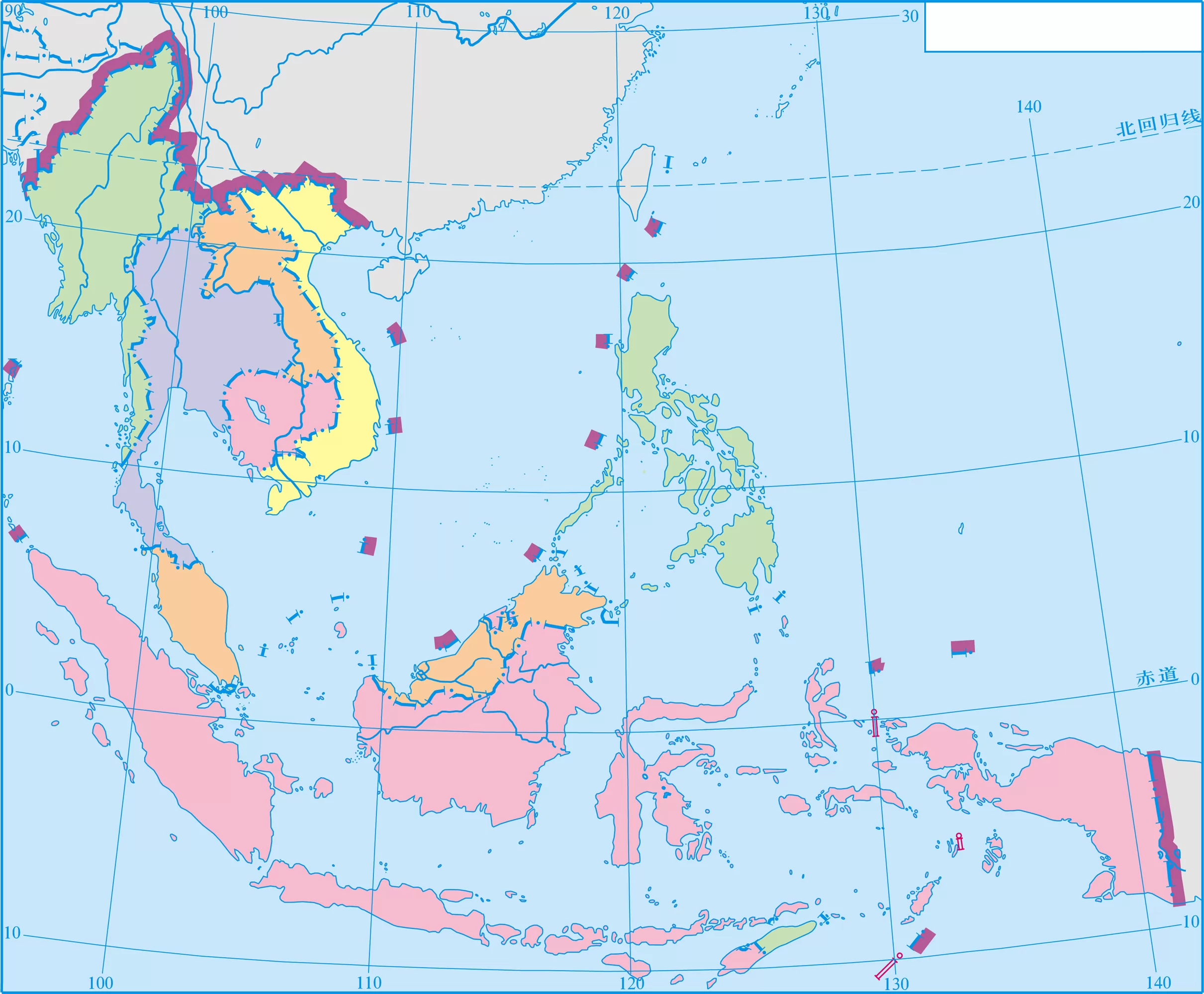 东南亚空白线描地图