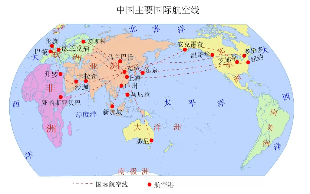 我国主要国际航空线路图 - 中国交通地图 - 地理教师网