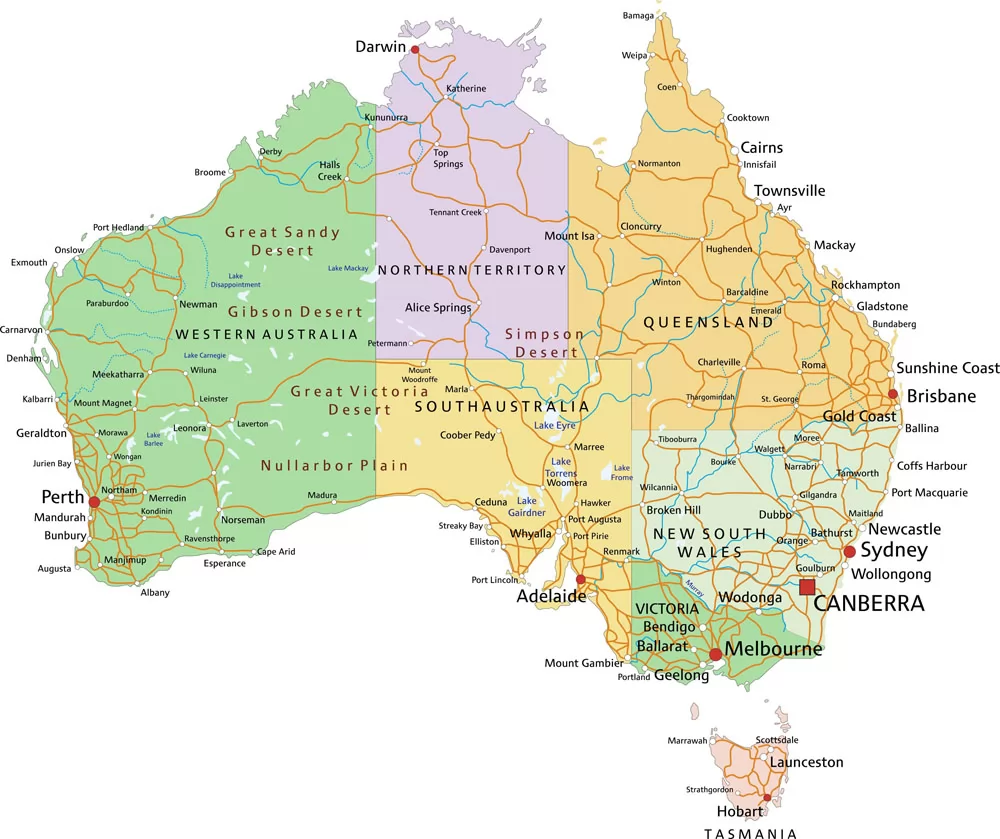 西澳大利亚州,塔斯马尼亚州 大陆自治地区: 澳大利亚首都特区,北领地