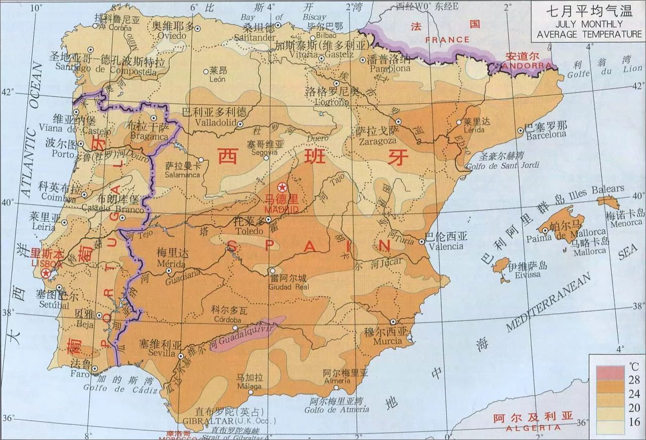 西班牙七月平均气温图