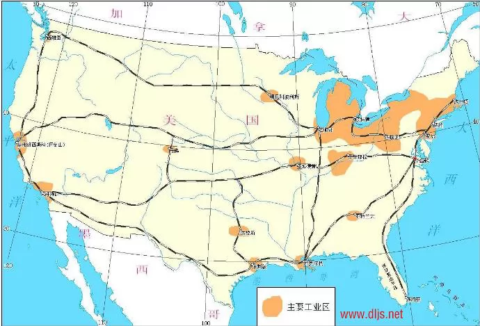 美國主要工業區和工業城市分佈圖 - 人文地理圖片 - 地理教師網