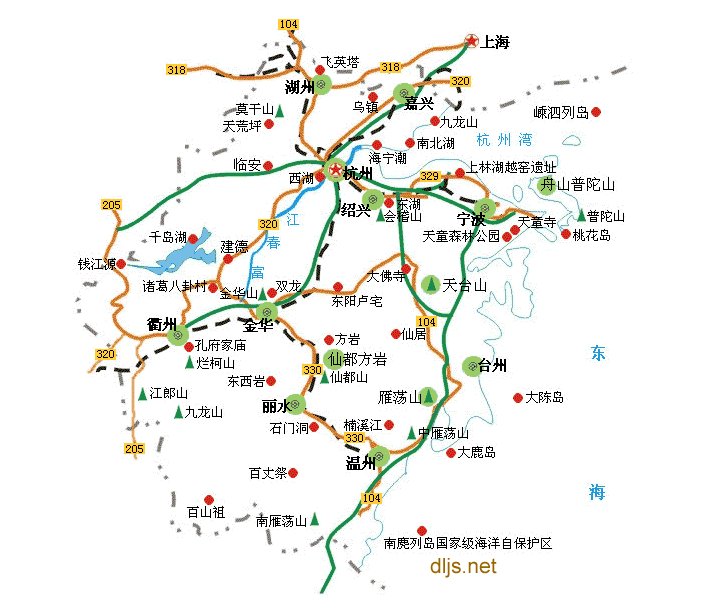 浙江省主要旅游景点图 