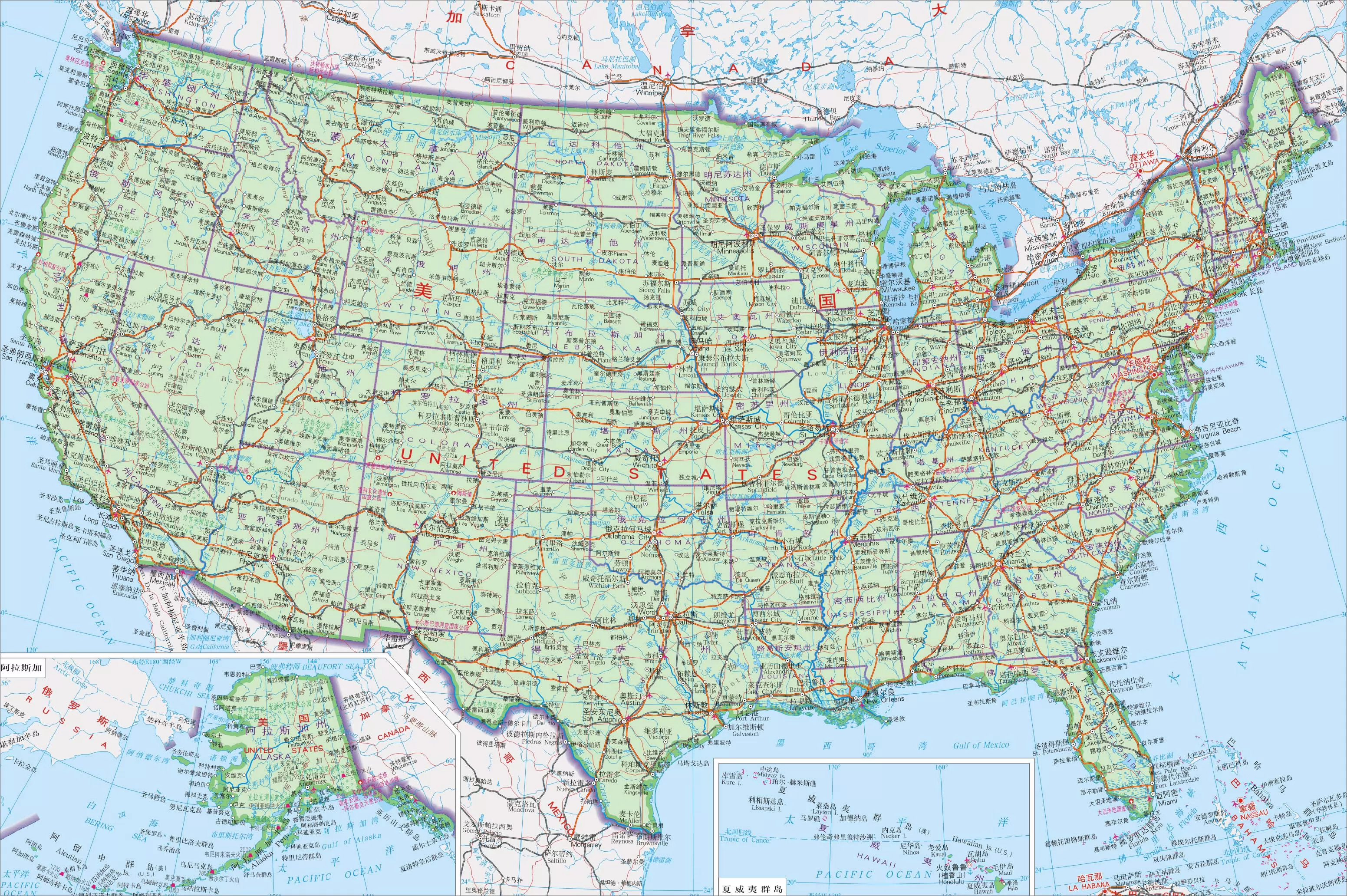 美国城市地图放大图片